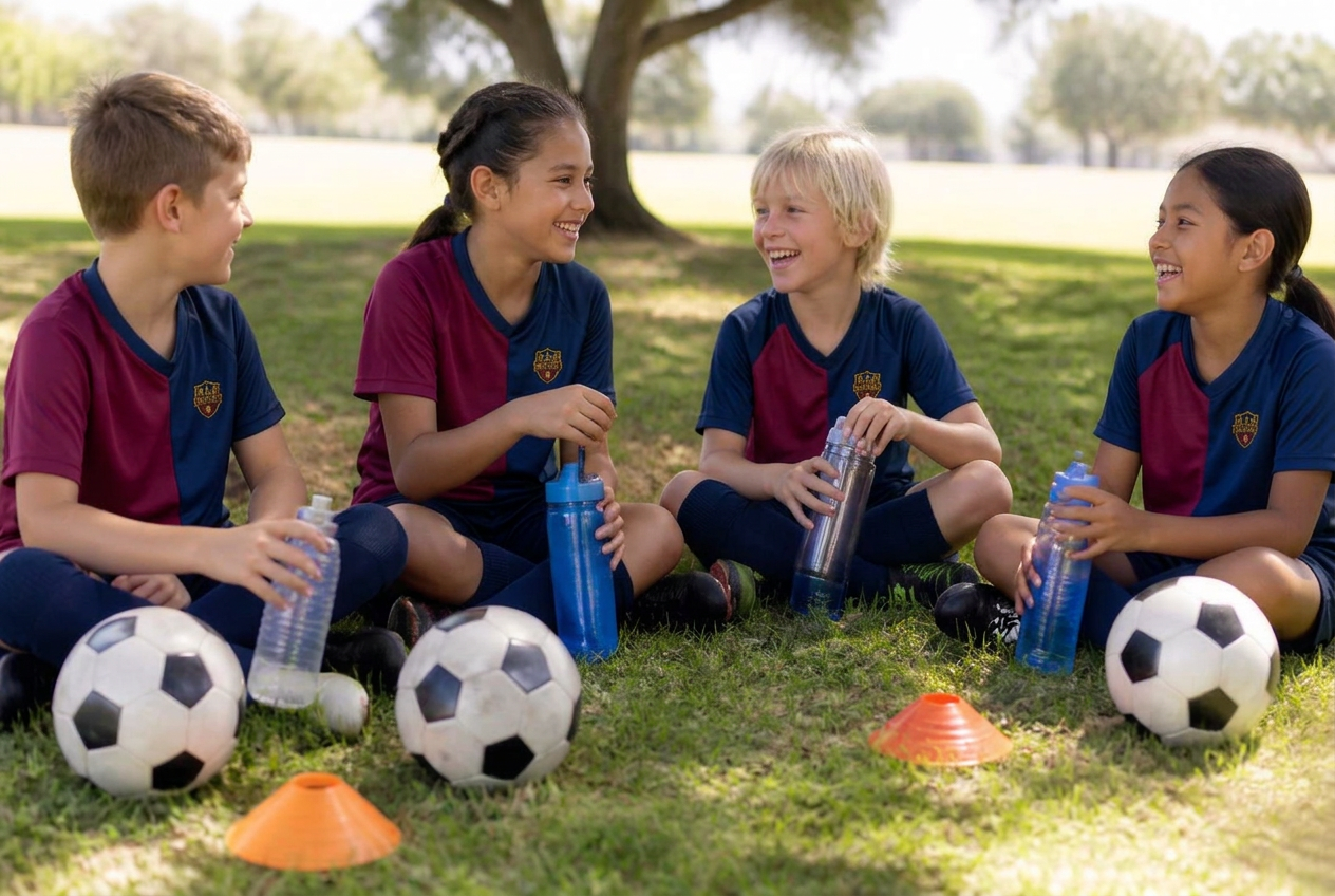 Young players sitting in the shade with water bottles, laughing during a camp break