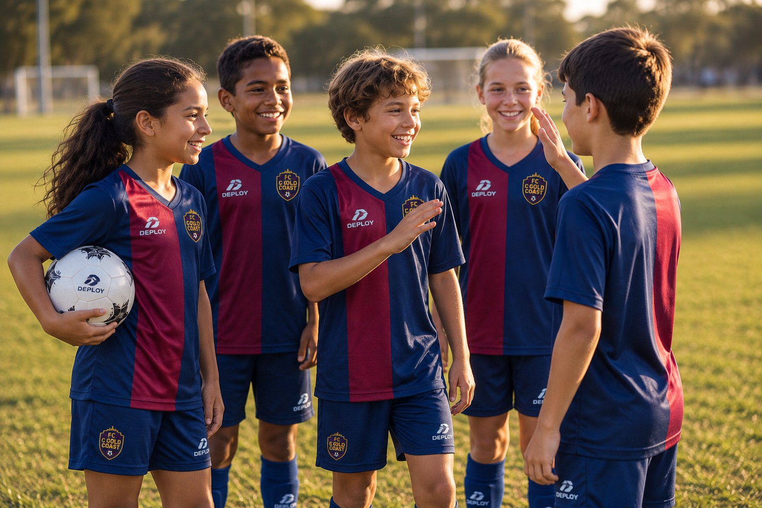 Young FC Gold Coast™ players laughing together after a holiday camp session