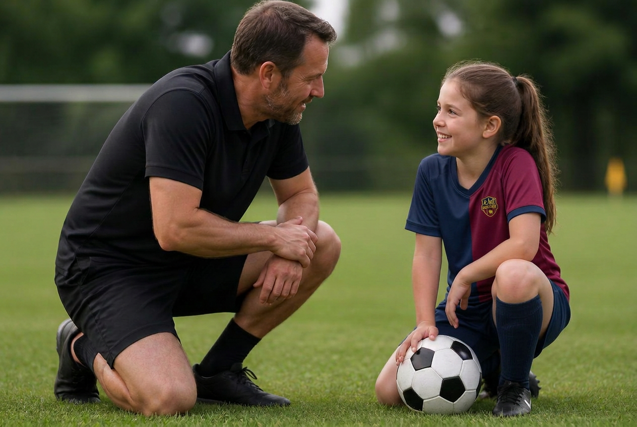 Coach kneeling to speak encouragingly with a young player during a school session