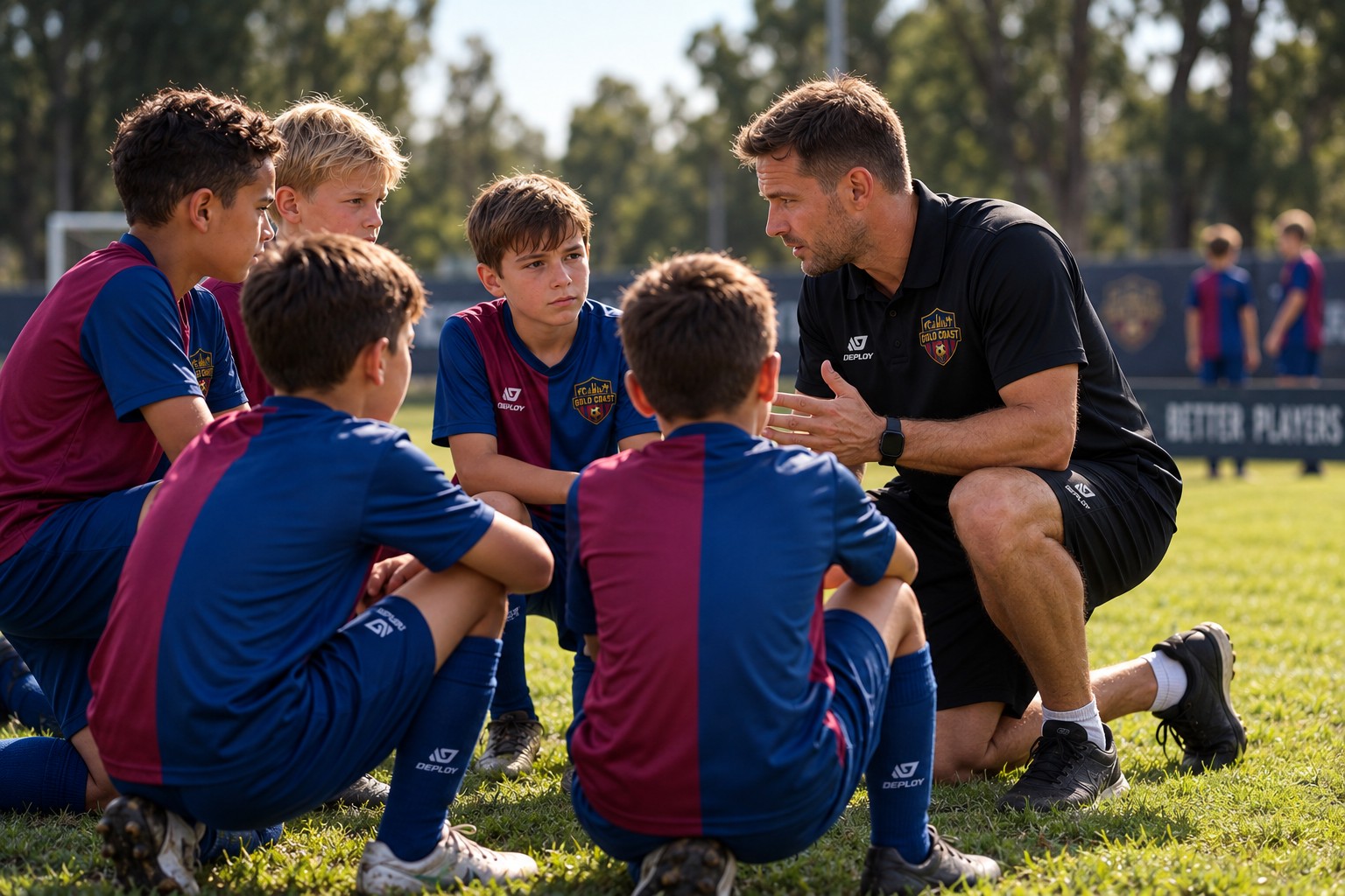 A coach speaking with a small group of junior players on the pitch