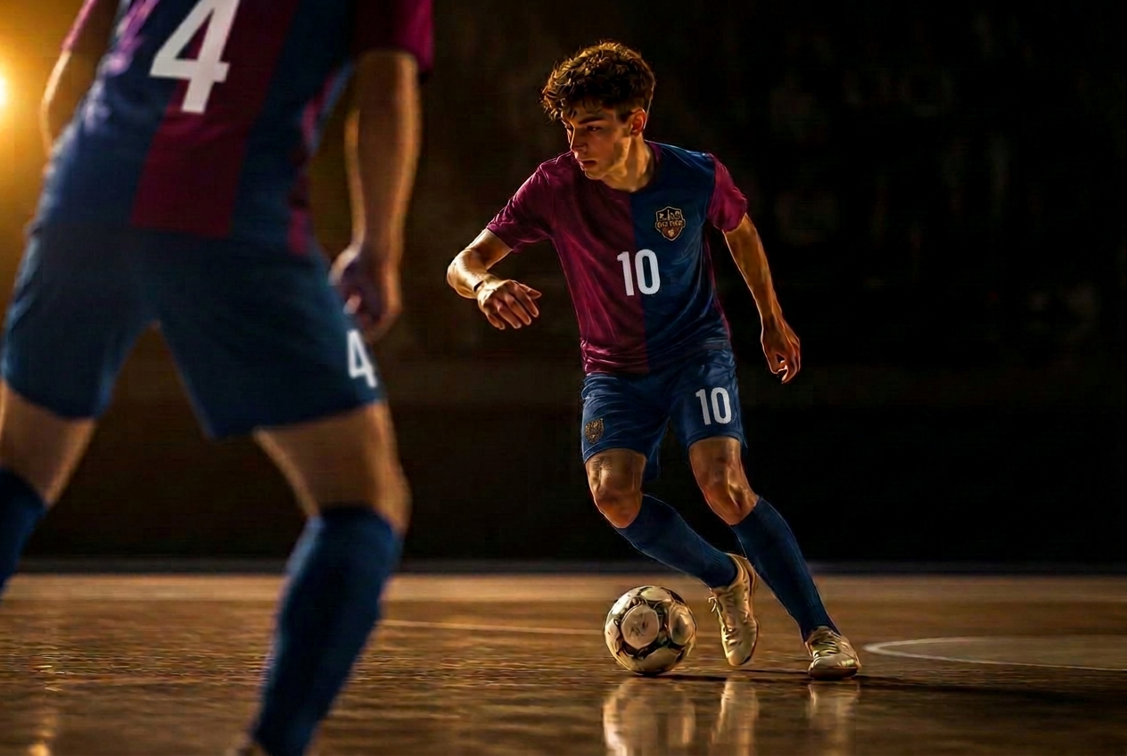 Junior futsal player driving at a defender on an indoor court
