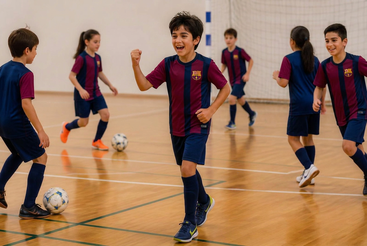 Children enjoying an indoor futsal session at an FC Gold Coast™ holiday camp