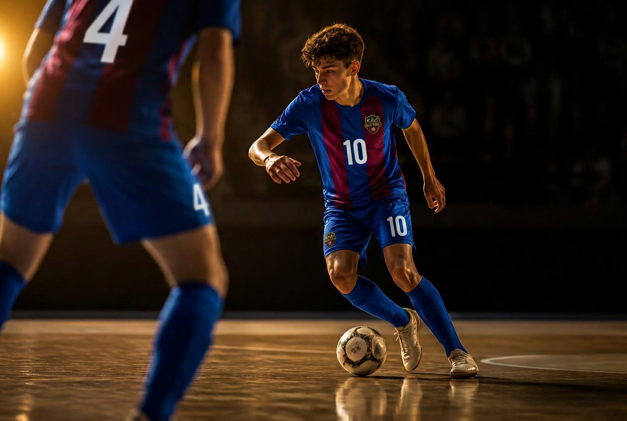 Junior futsal player driving at a defender on an indoor court