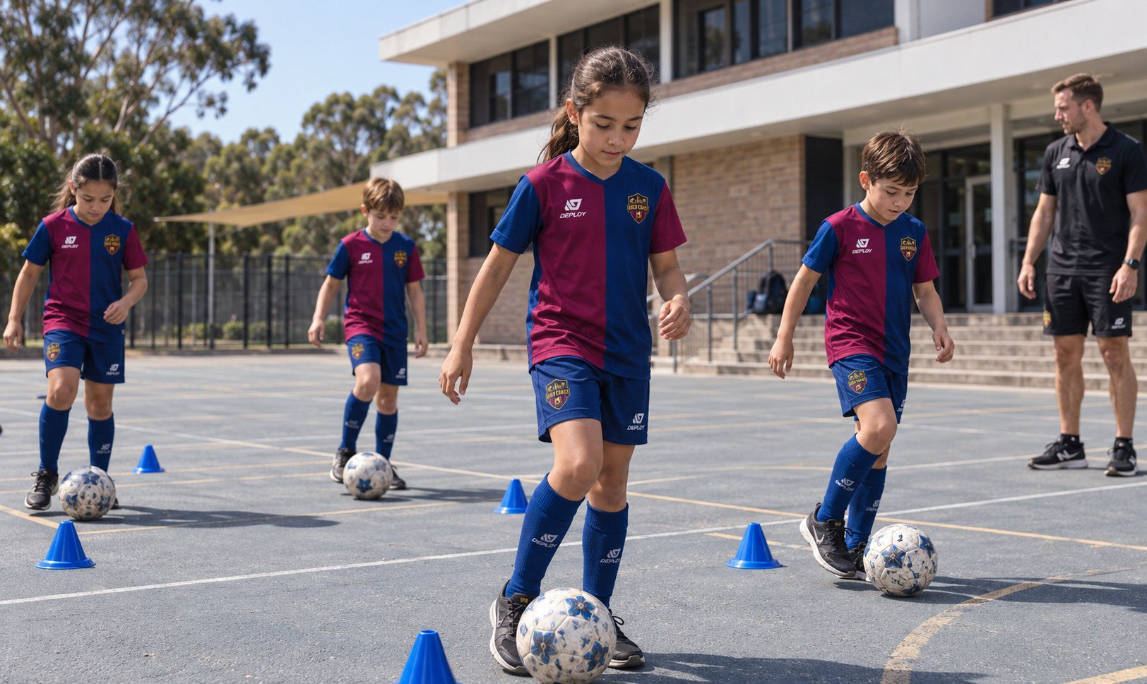 Primary school students taking part in an FC Gold Coast™ football session on a school court