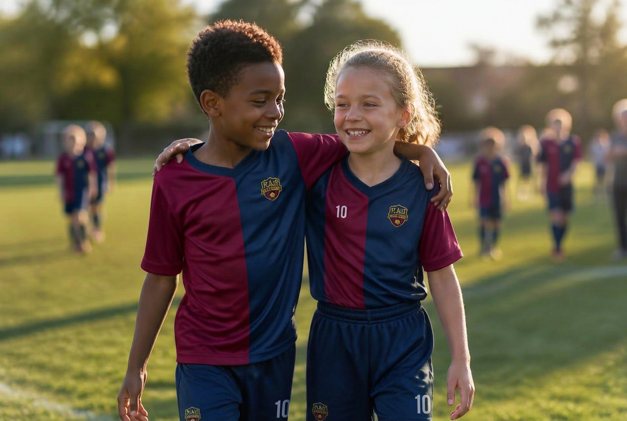 Two young FC Gold Coast™ teammates walking off the pitch together, smiling